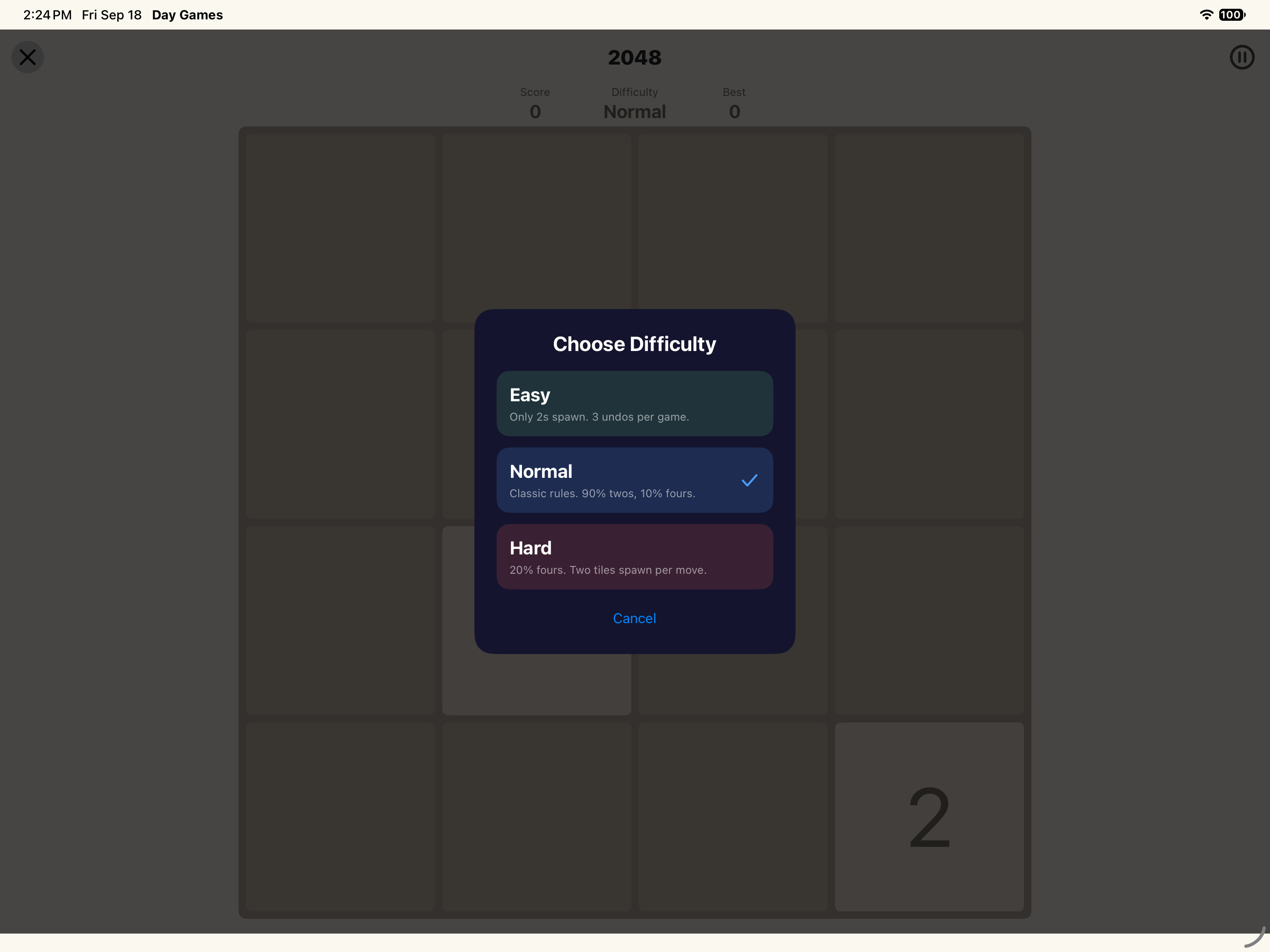2048 difficulty — iOS (UIKit) · iPad