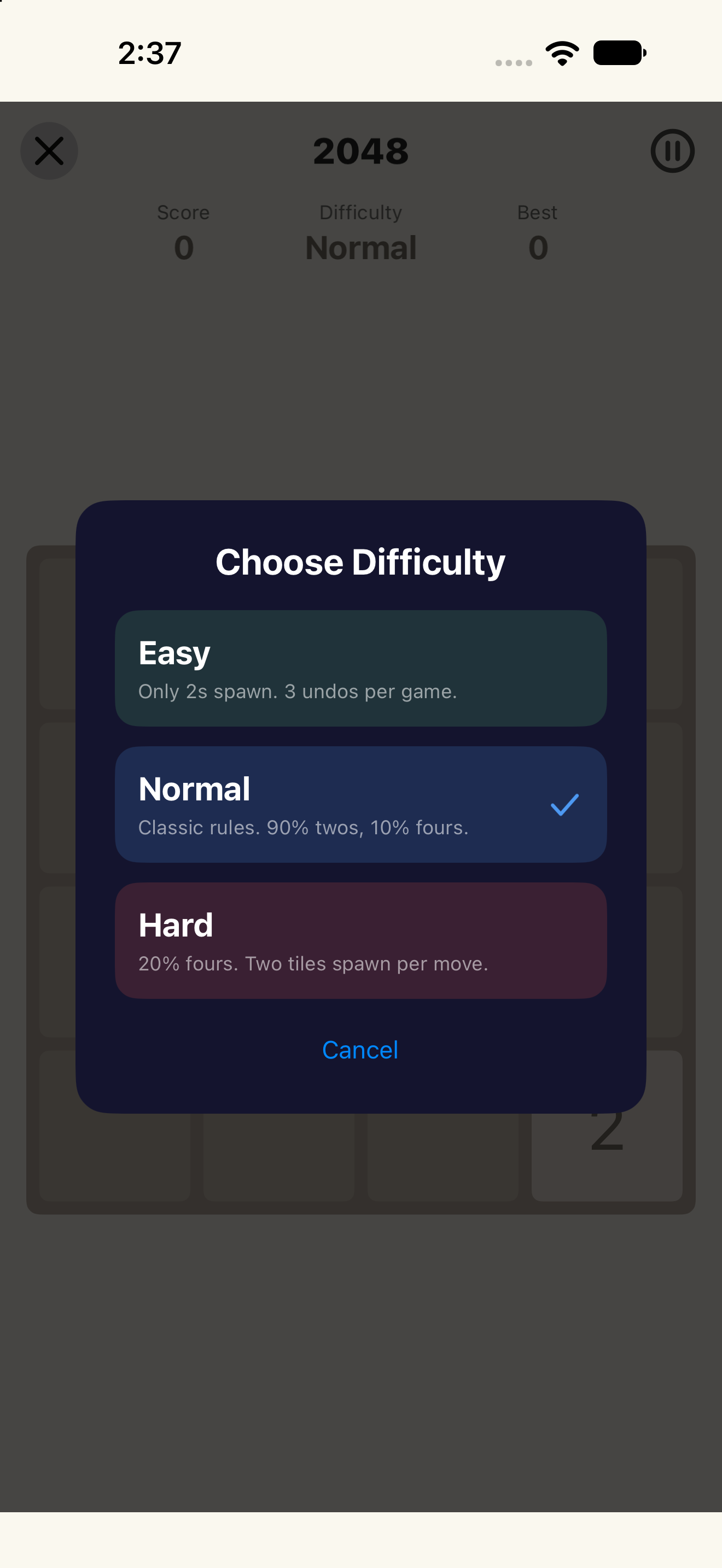 2048 difficulty — iOS (UIKit) · iPhone