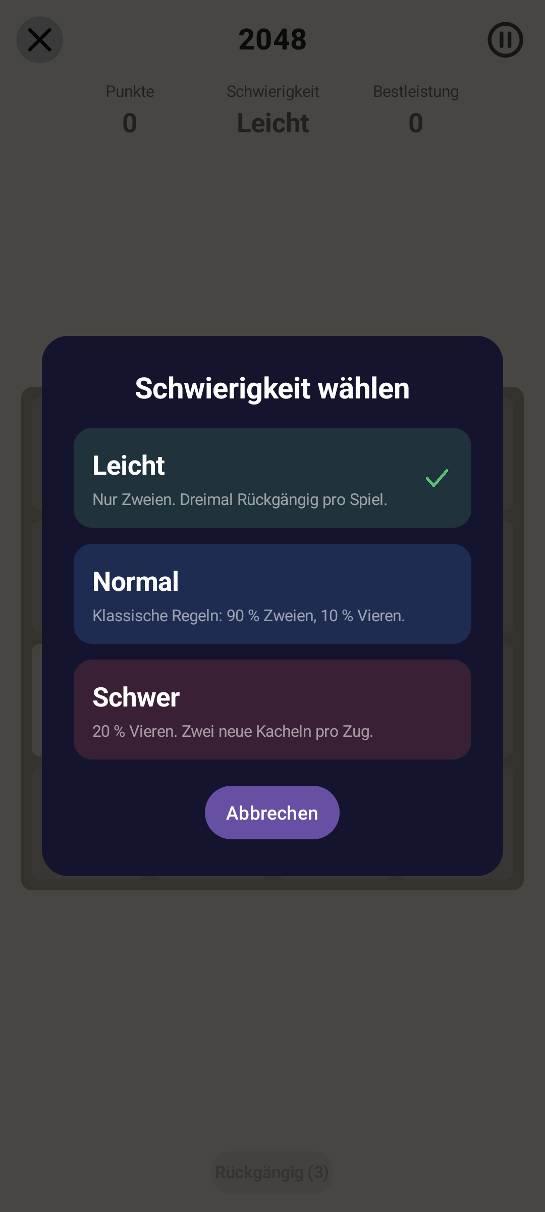 2048 · Schwierigkeit — Android (Material) · Phone