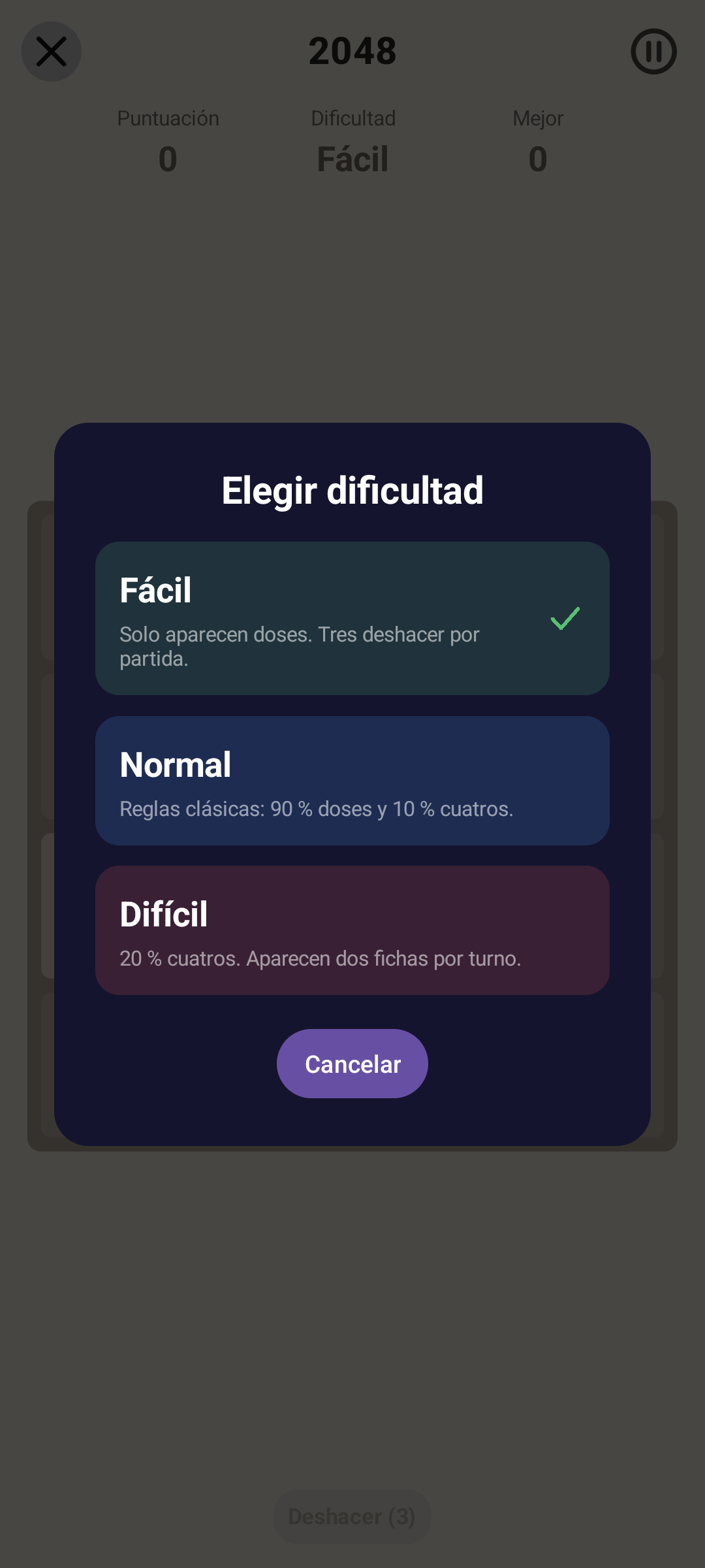 2048 · Dificultad — Android (Material) · Phone