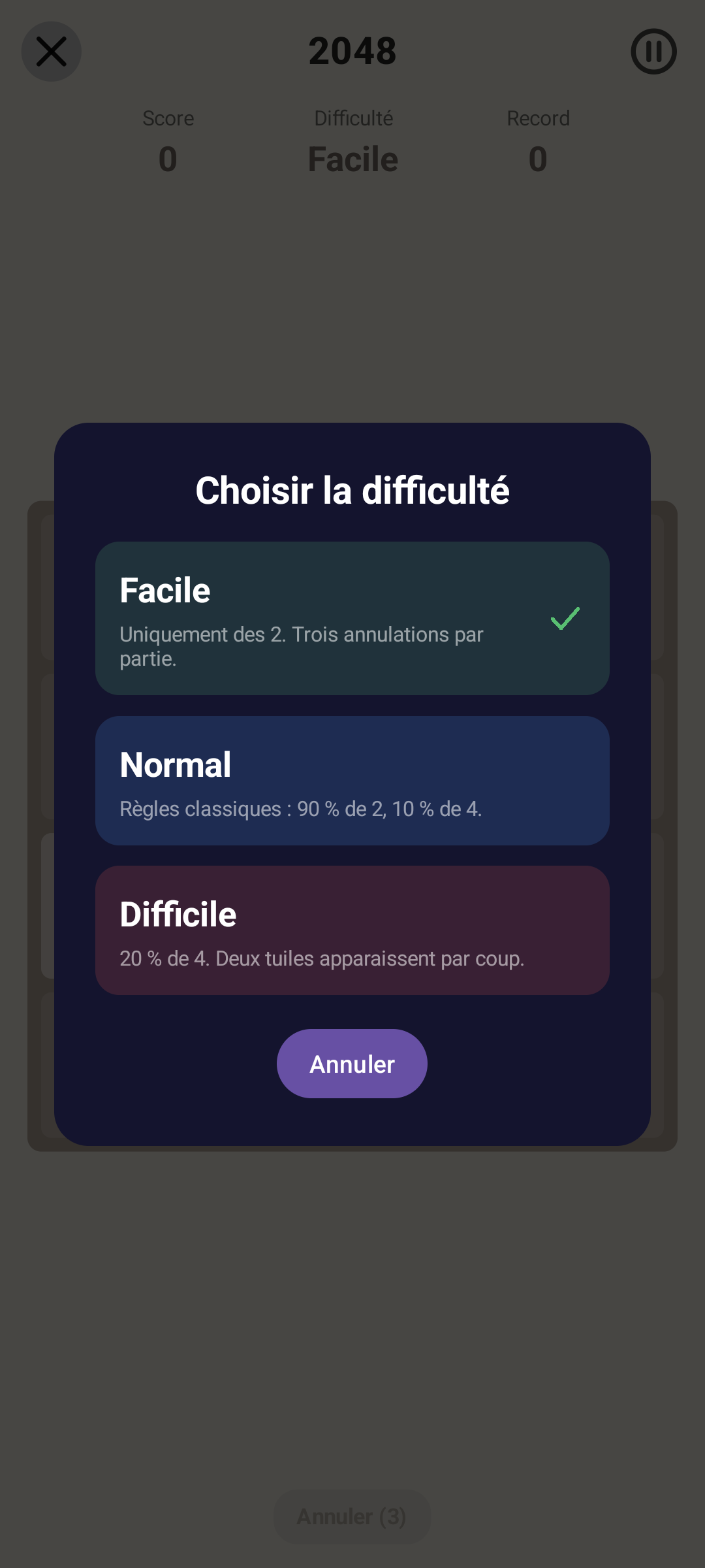 2048 · Difficulté — Android (Material) · Phone