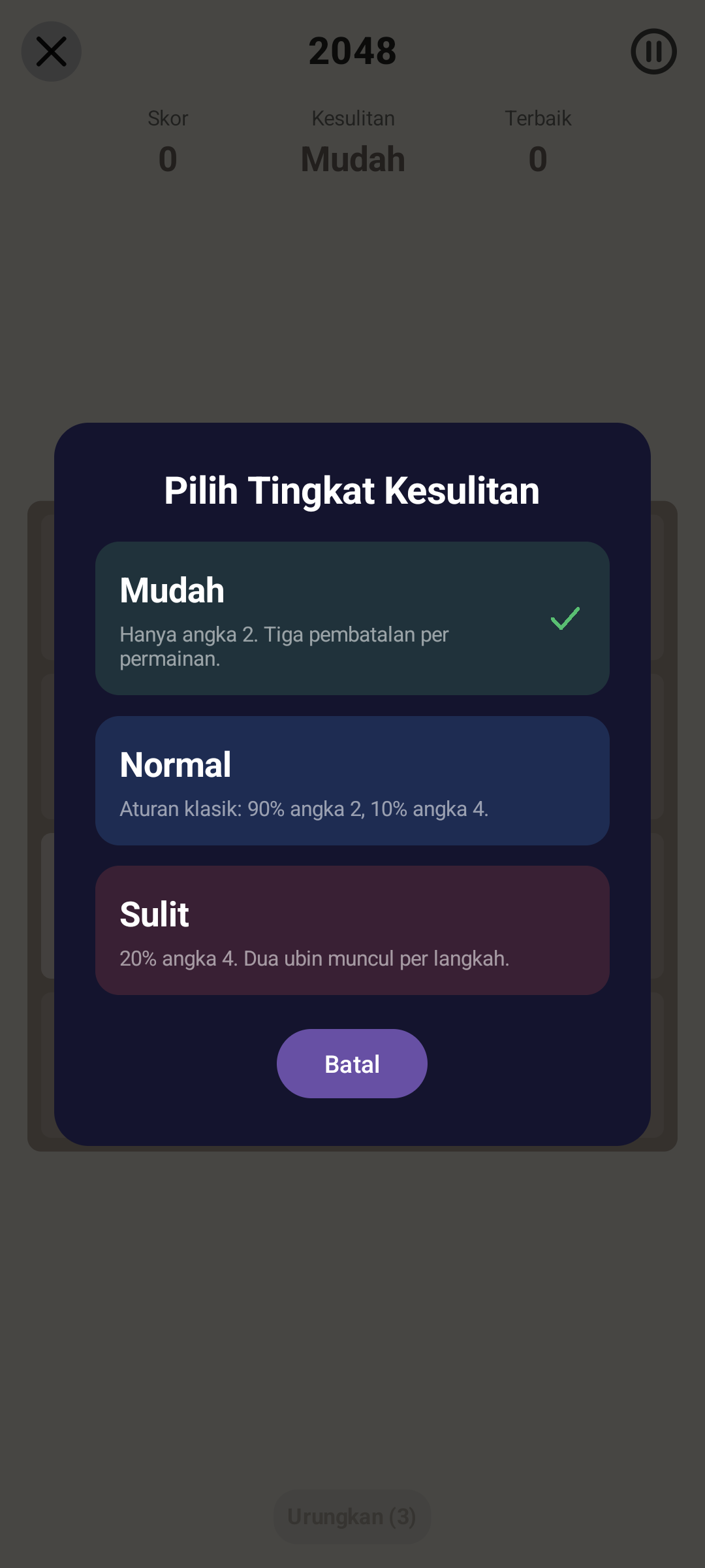 2048 · Kesulitan — Android (Material) · Phone