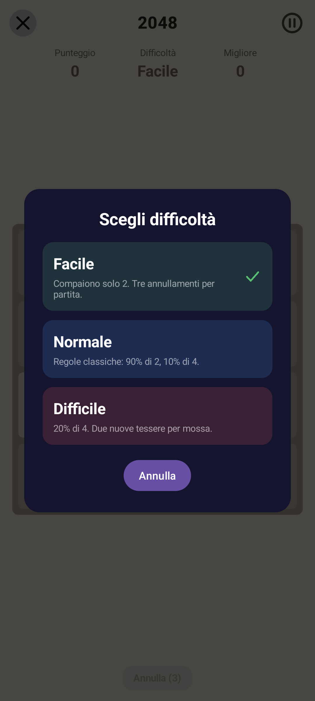 2048 · Difficoltà — Android (Material) · Phone