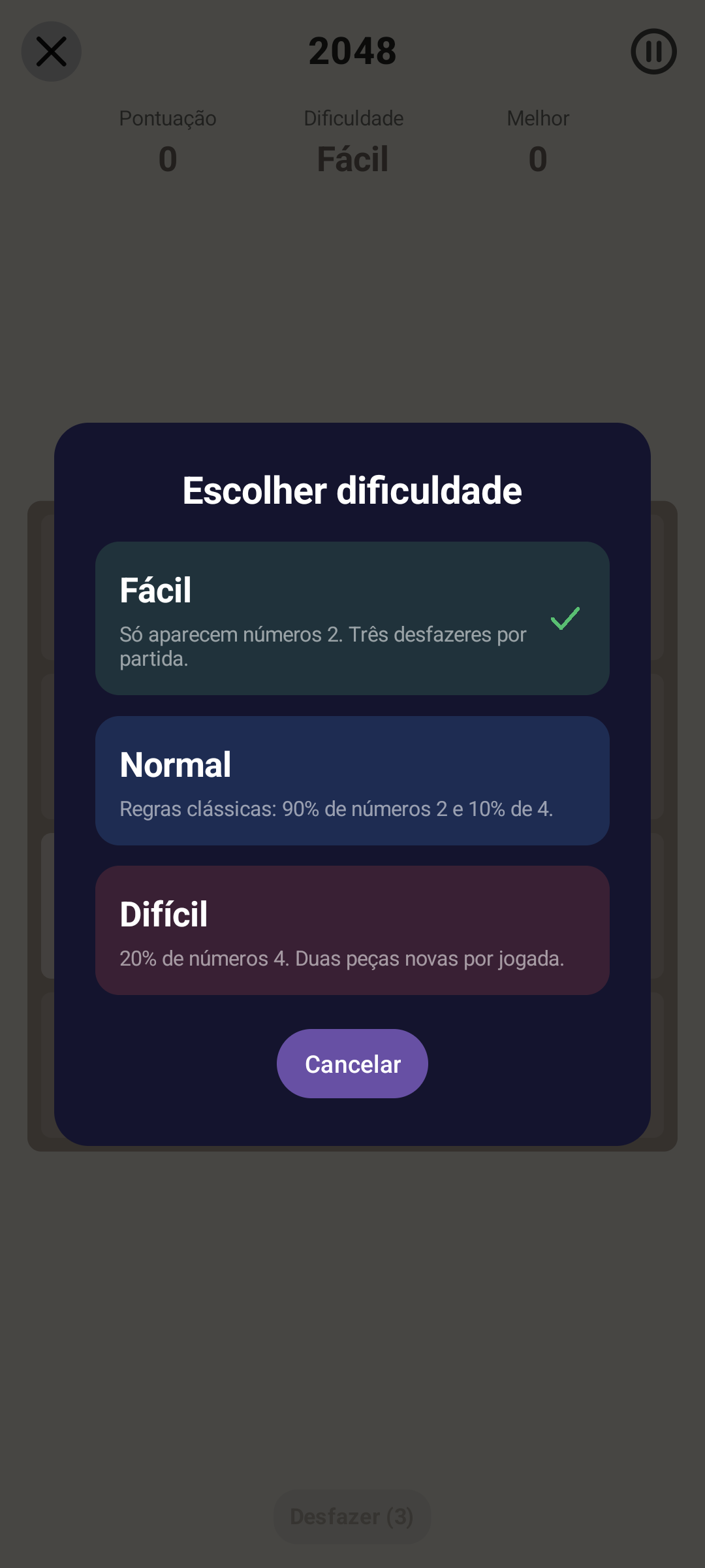 2048 · Dificuldade — Android (Material) · Phone