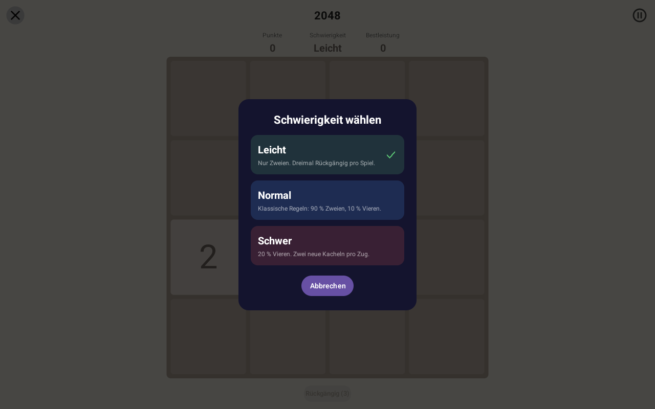 2048 · Schwierigkeit — Android (Material) · Tablet