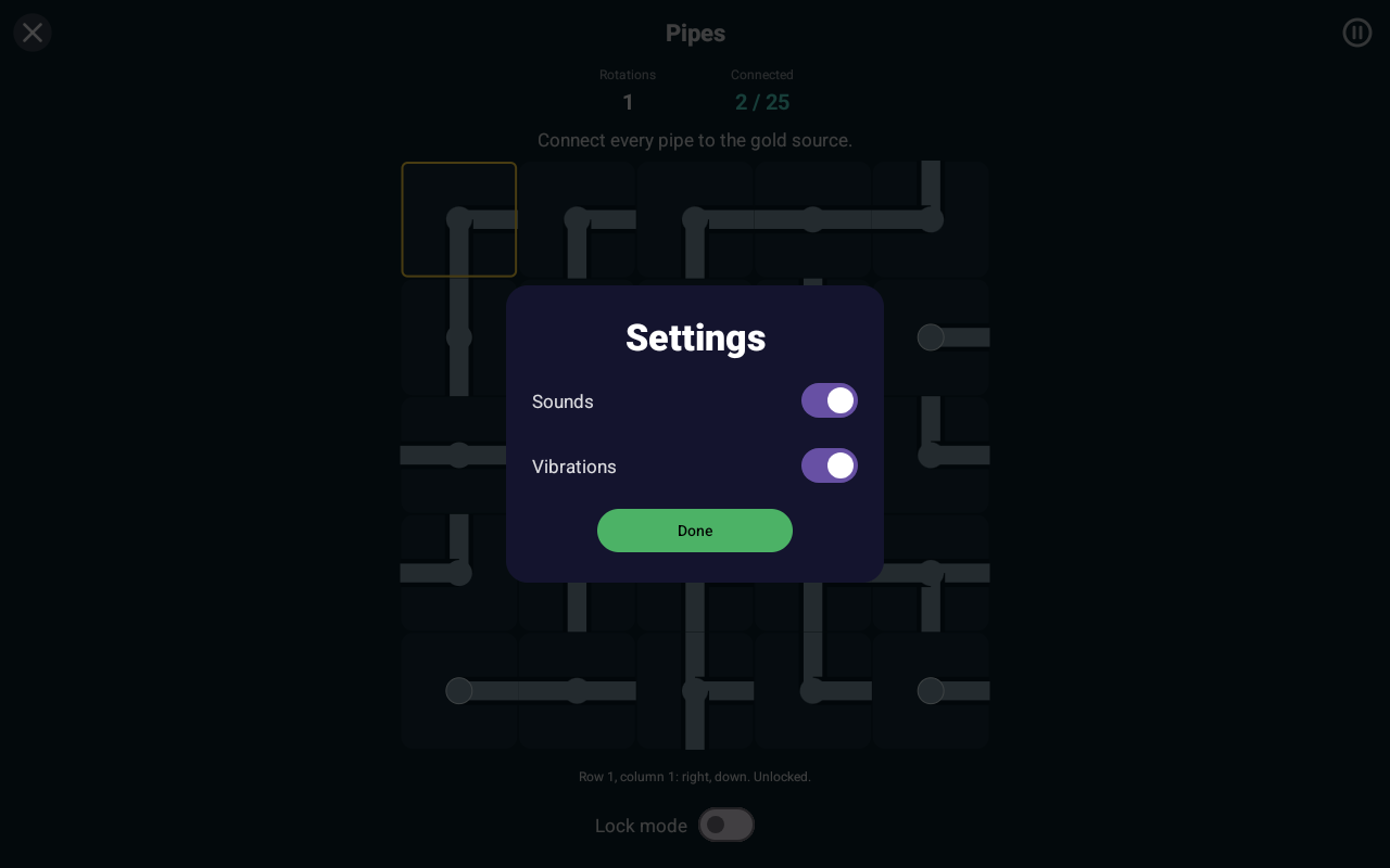 Pipes Settings, Android Tablet