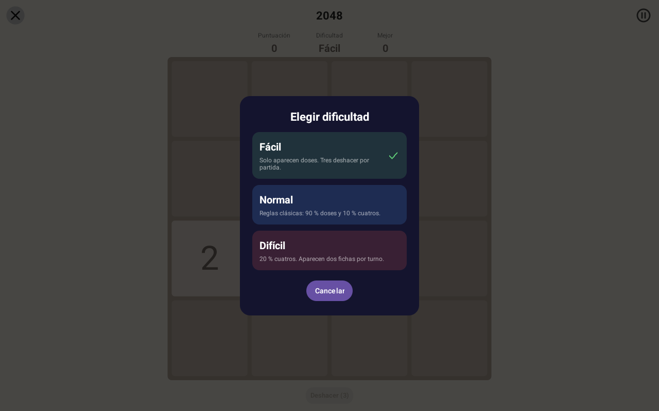 2048 · Dificultad — Android (Material) · Tablet