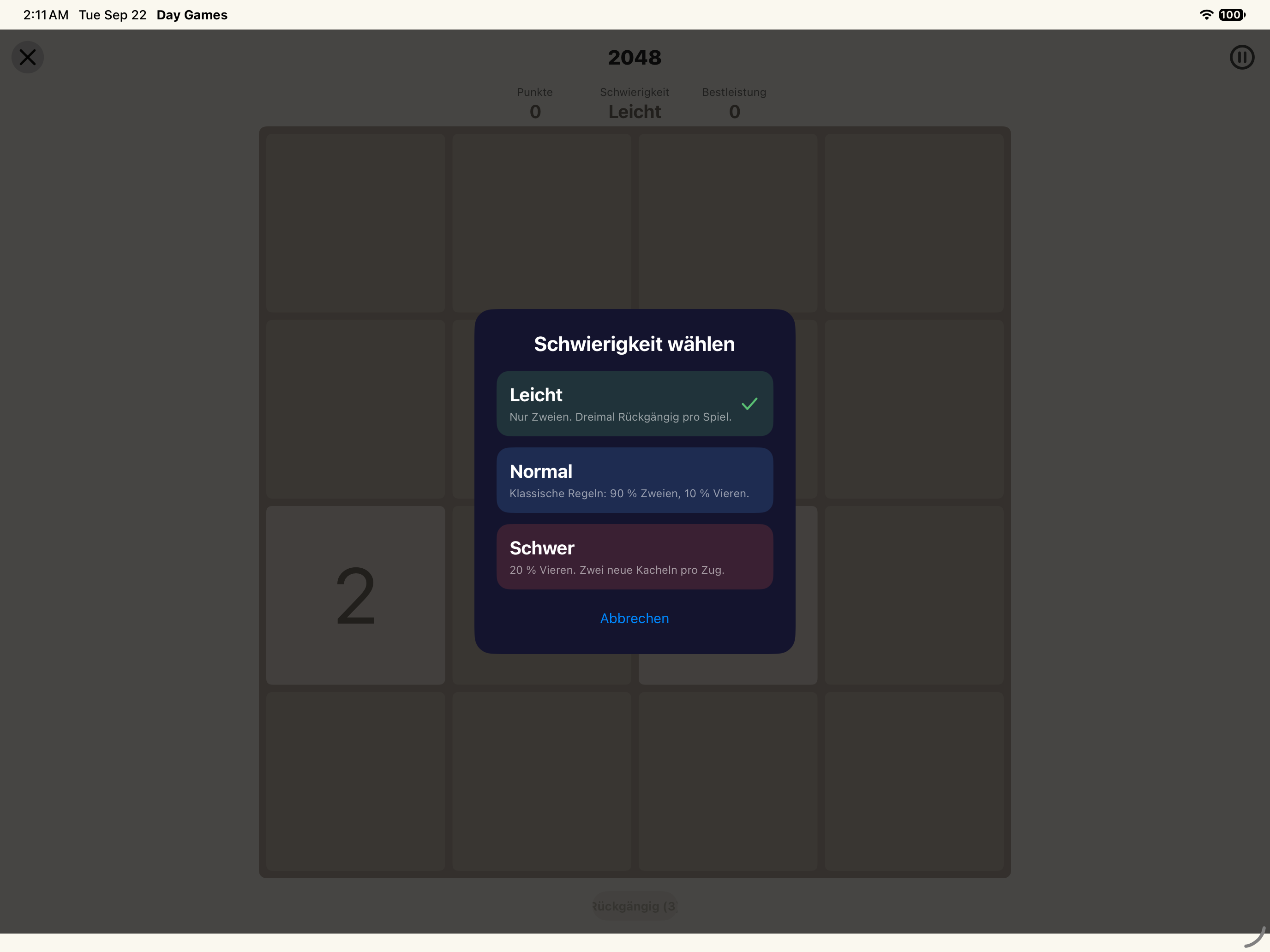 2048 · Schwierigkeit — iOS (UIKit) · iPad