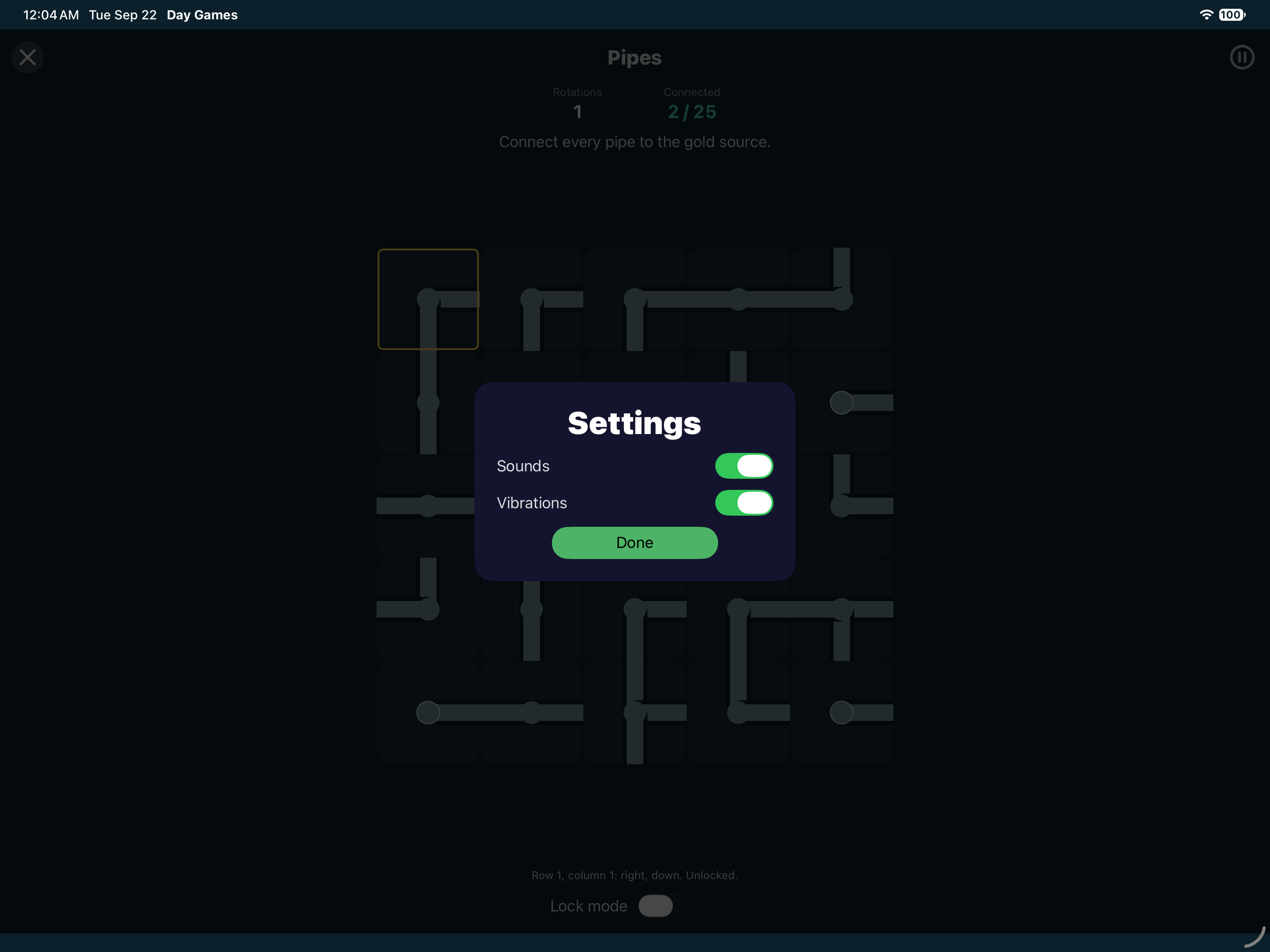 Pipes Settings, iOS iPad
