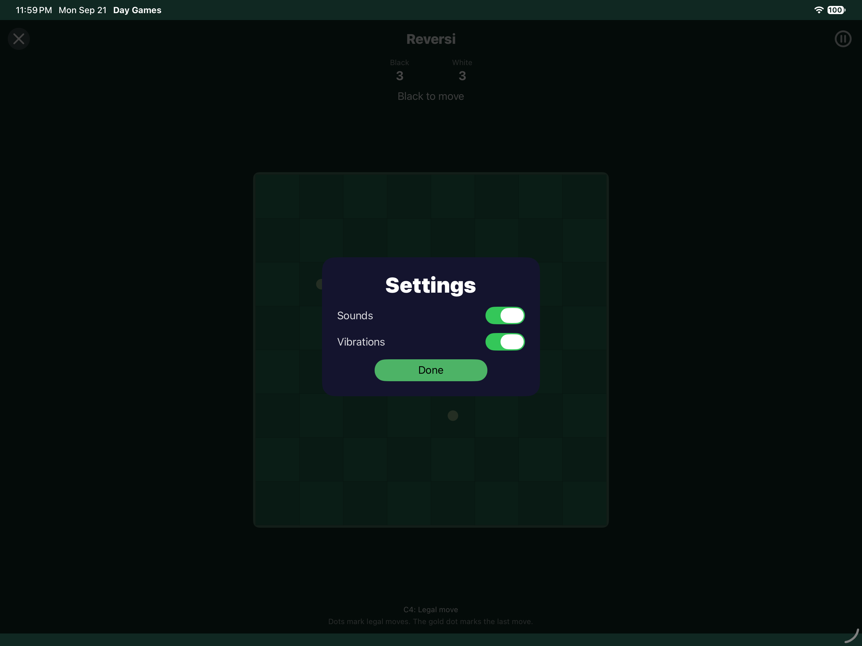 Reversi Settings, iOS iPad