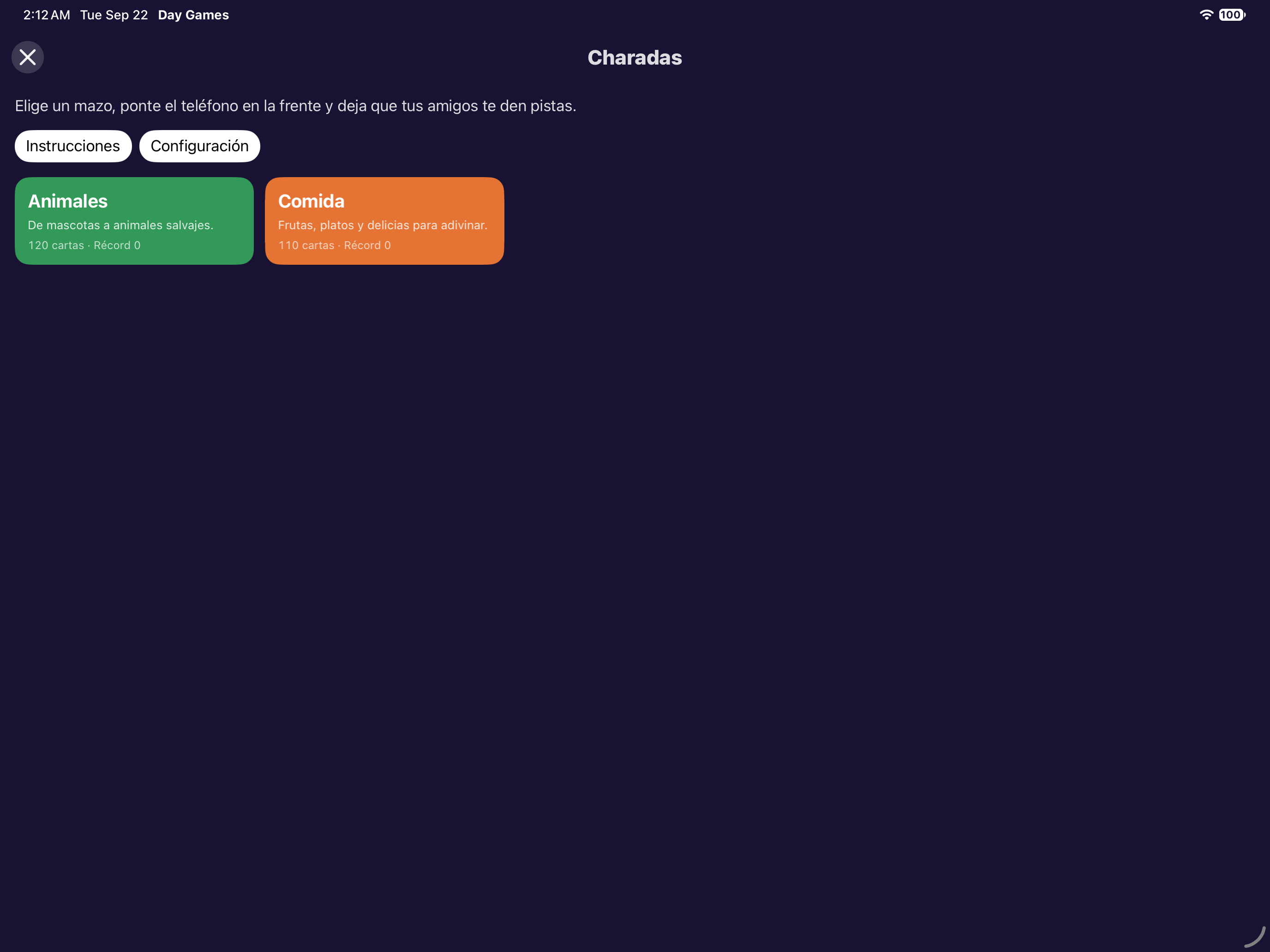 Charadas — iOS (UIKit) · iPad