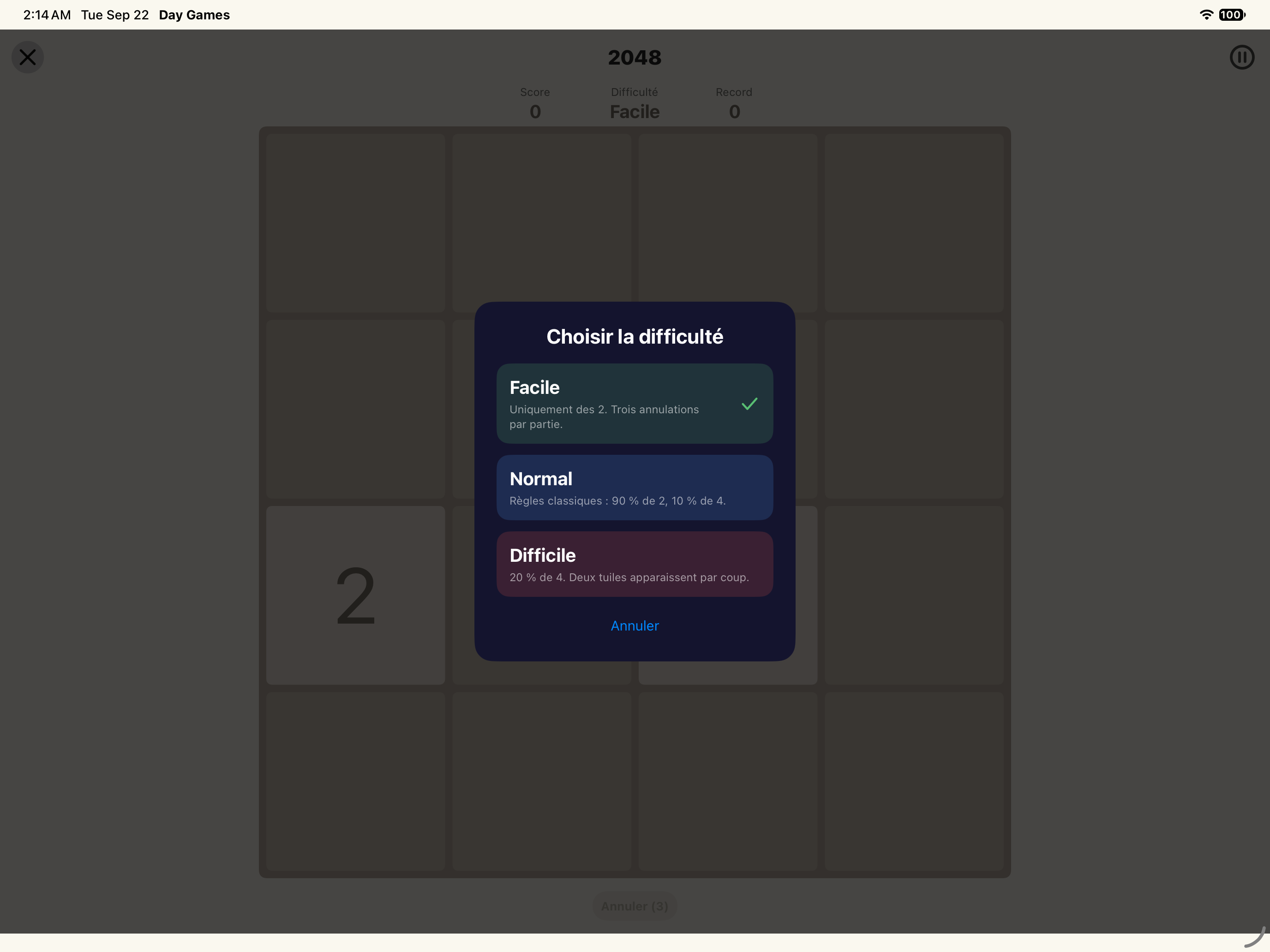 2048 · Difficulté — iOS (UIKit) · iPad
