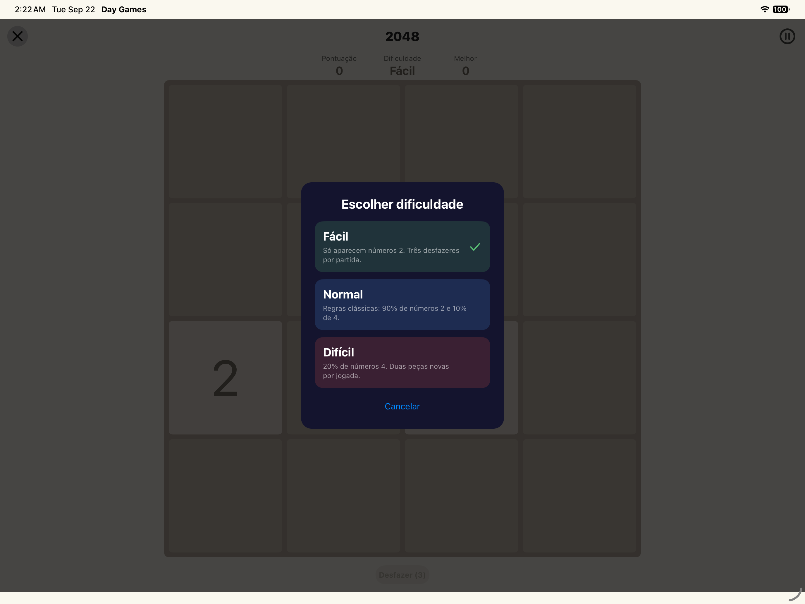 2048 · Dificuldade — iOS (UIKit) · iPad