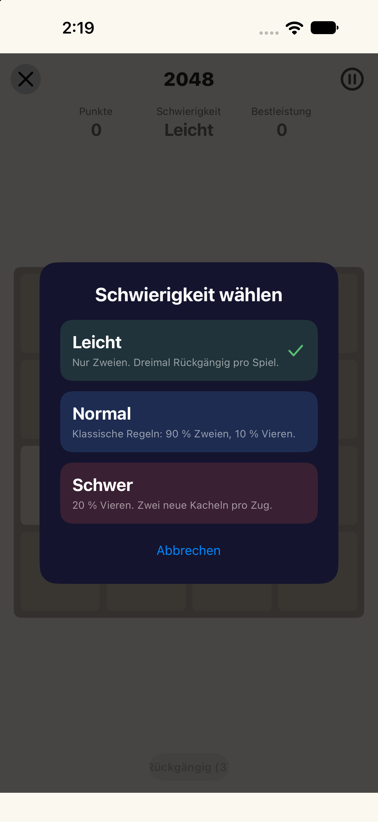 2048 · Schwierigkeit — iOS (UIKit) · iPhone
