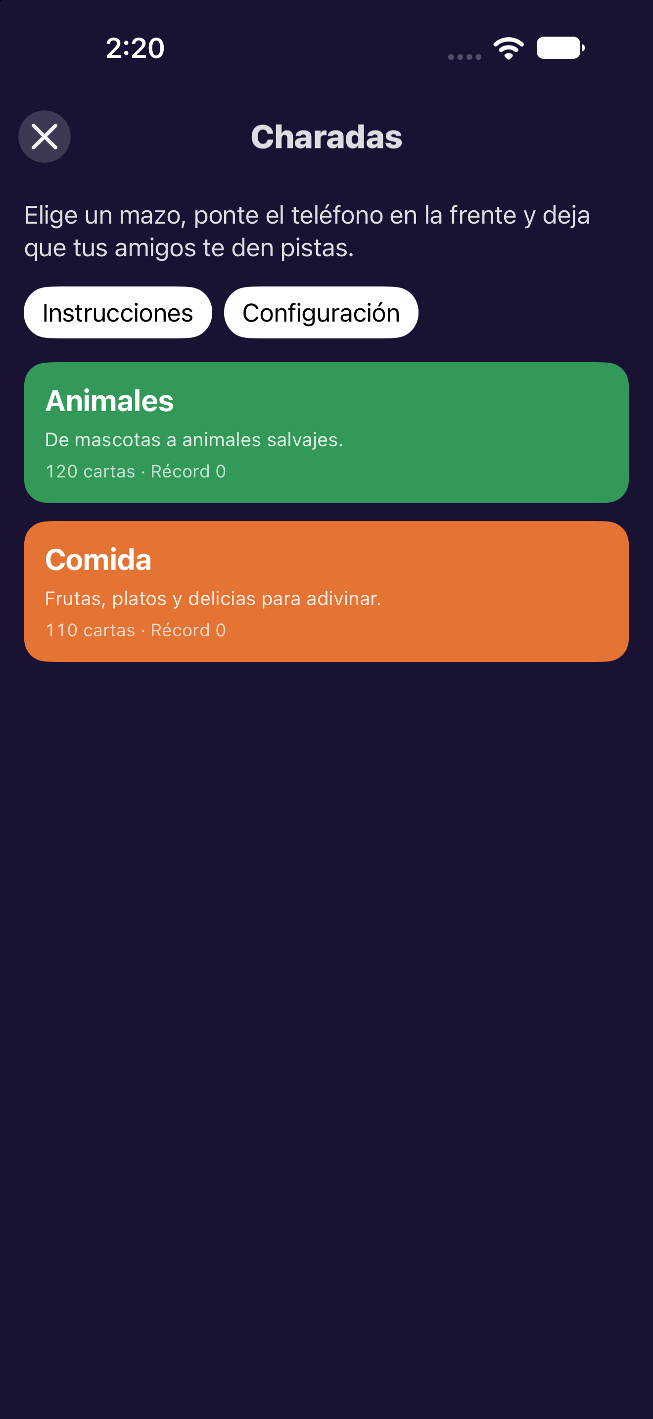 Charadas — iOS (UIKit) · iPhone
