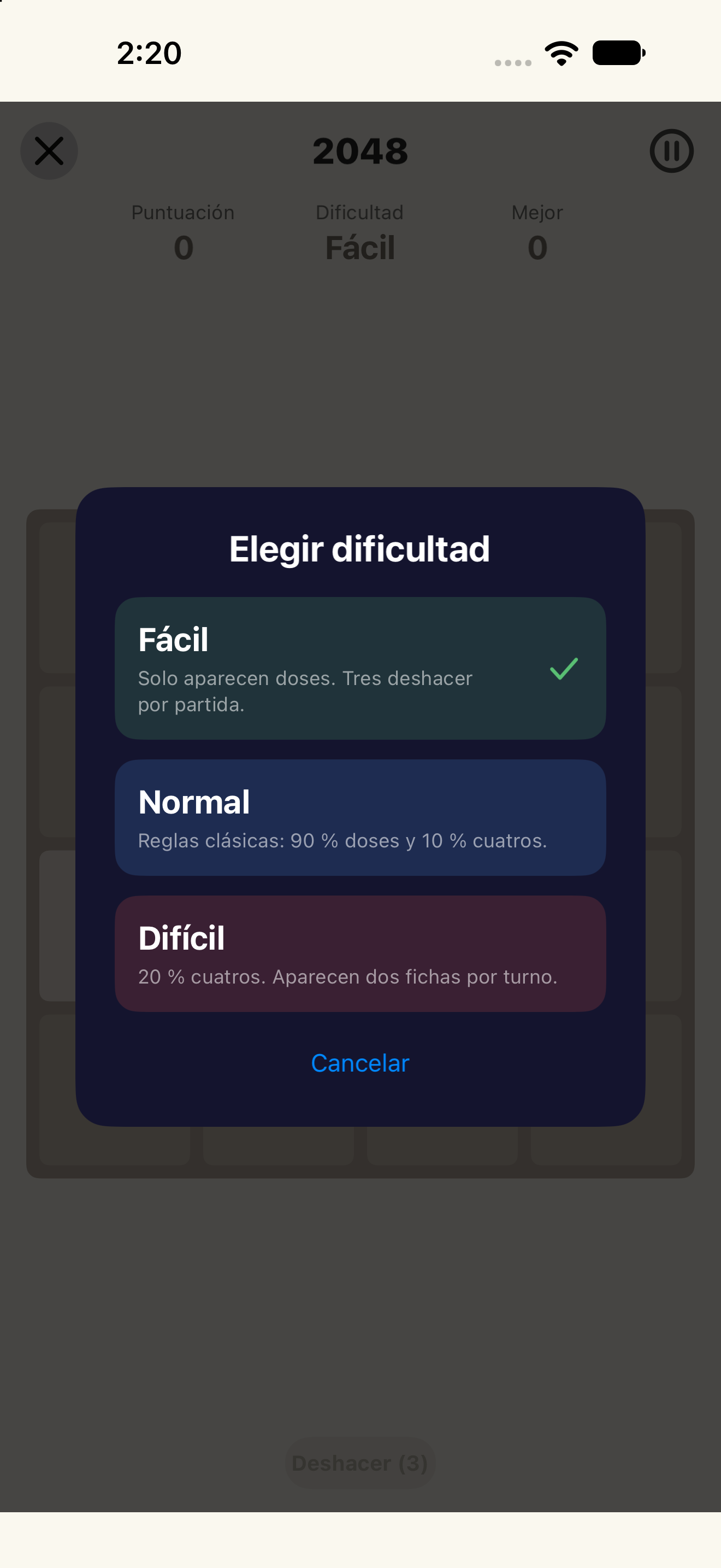 2048 · Dificultad — iOS (UIKit) · iPhone