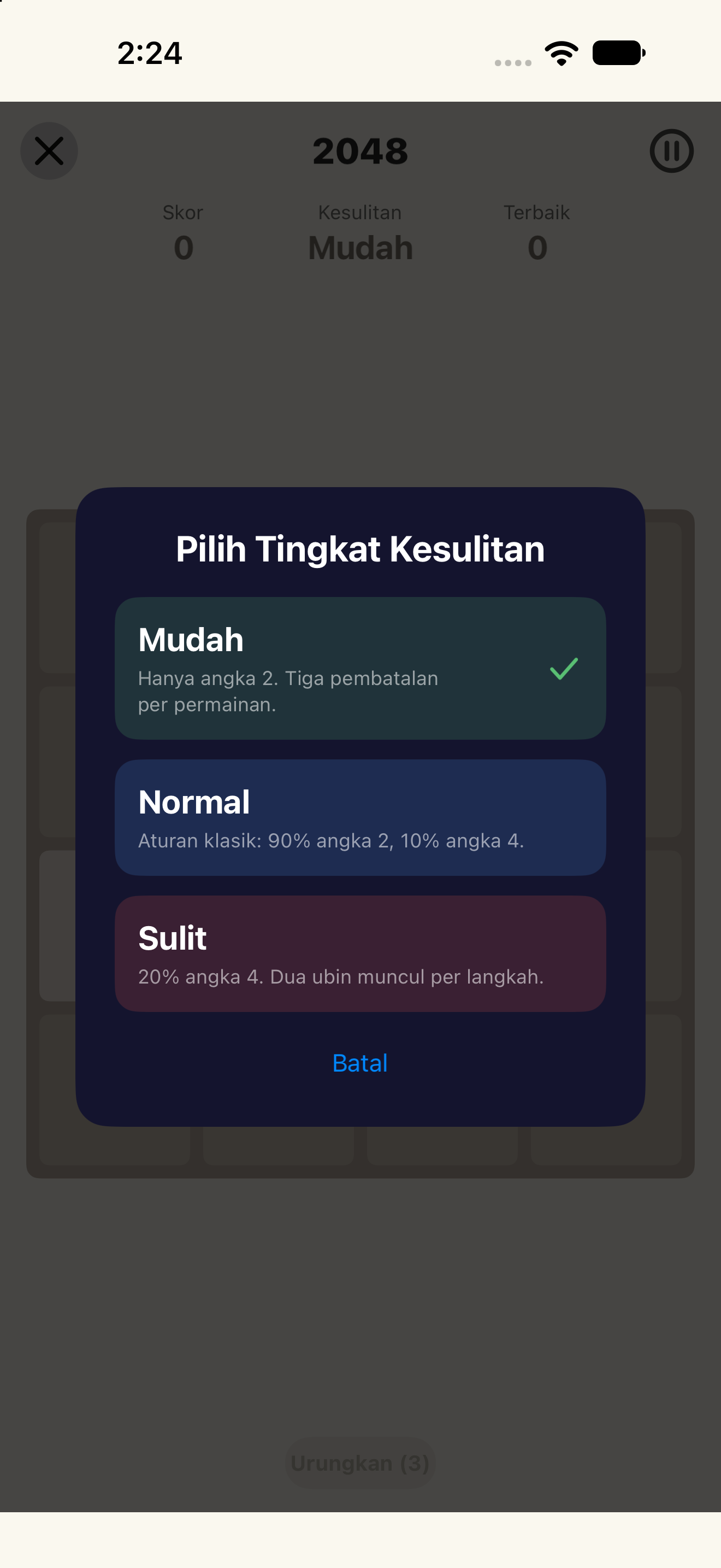 2048 · Kesulitan — iOS (UIKit) · iPhone