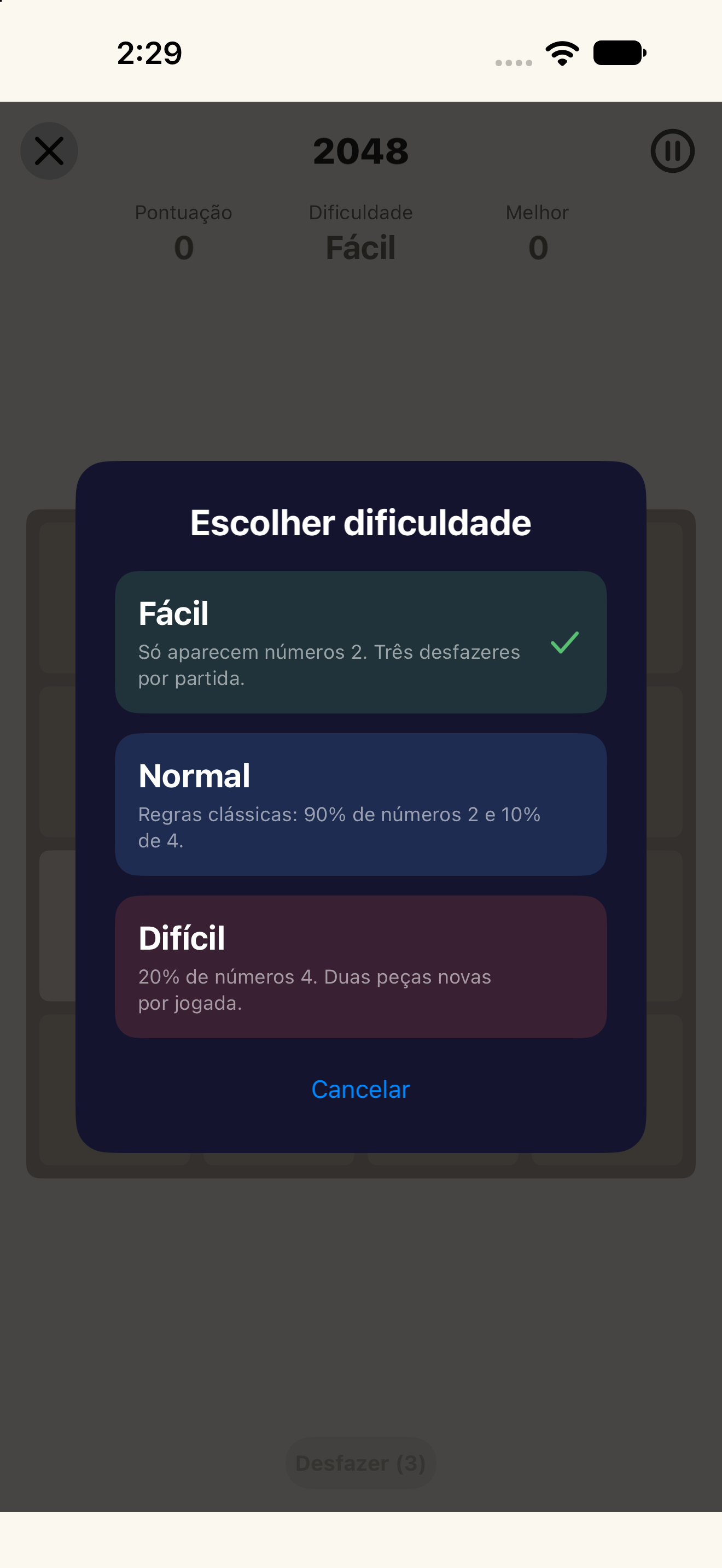 2048 · Dificuldade — iOS (UIKit) · iPhone