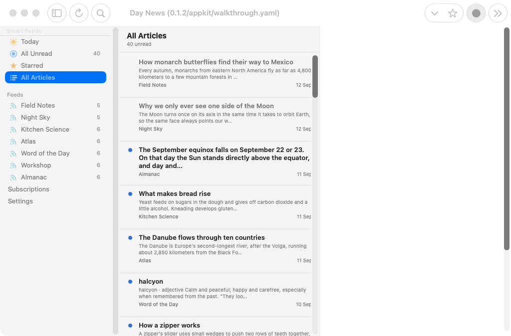 Timeline · walked by keyboard, macOS AppKit