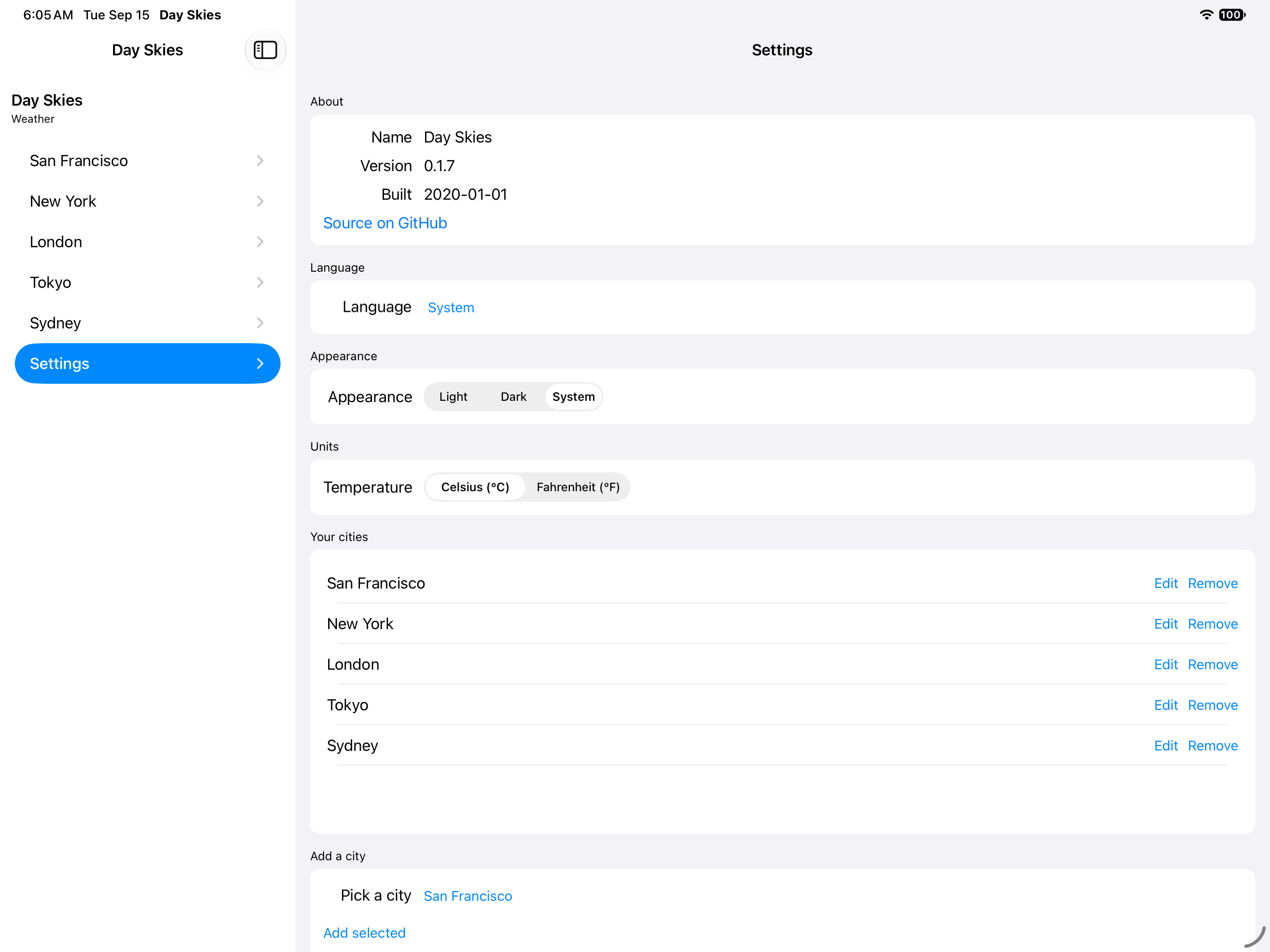 Settings — iOS (UIKit) · iPad