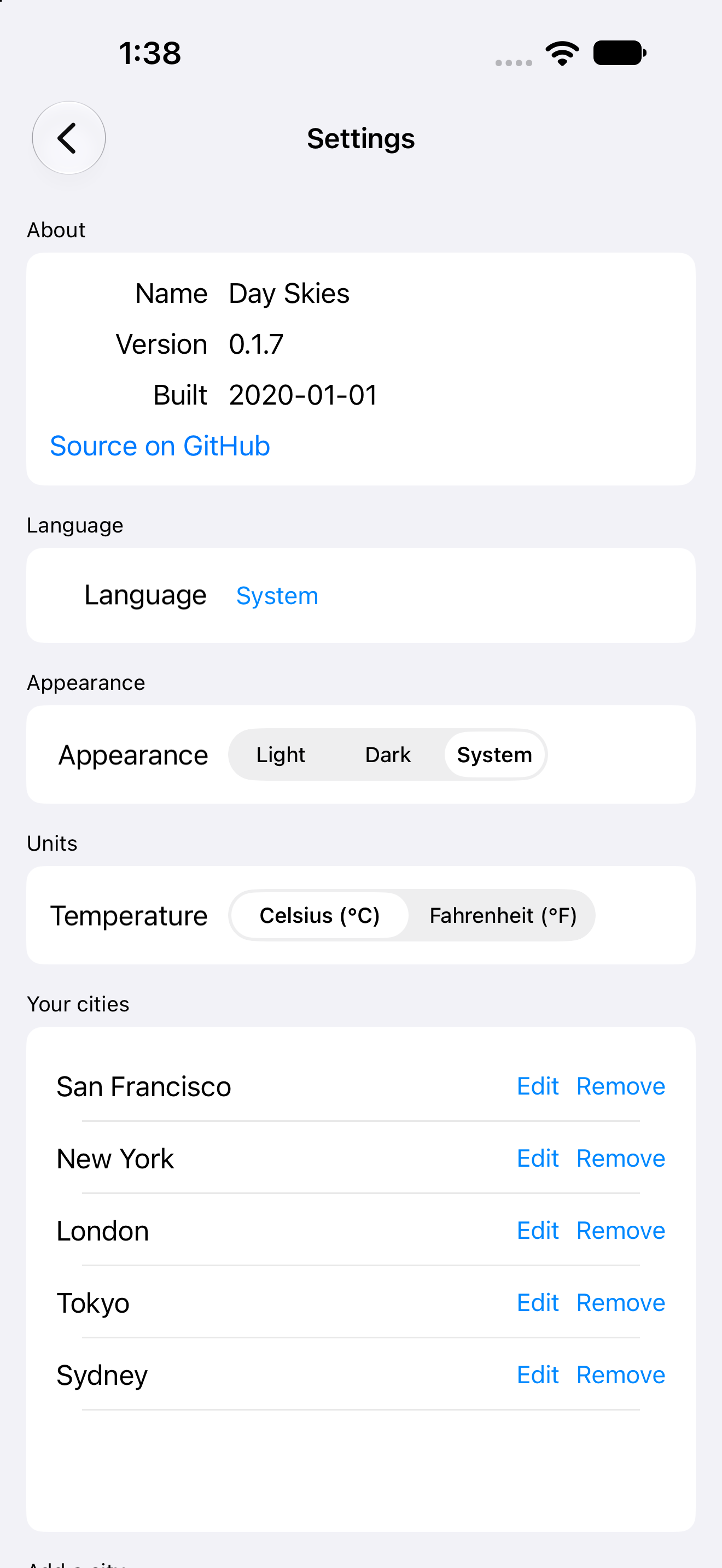 Settings, iOS UIKit