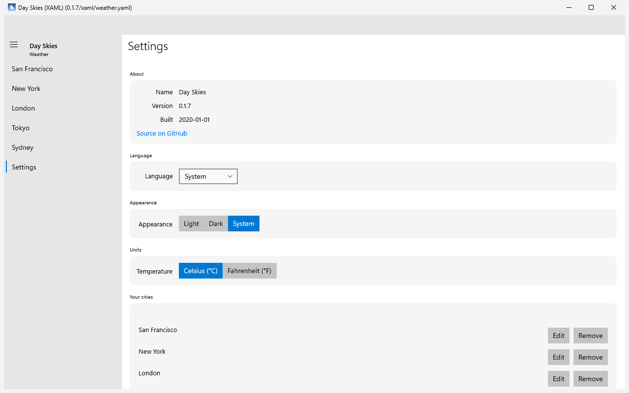Settings, Windows XAML