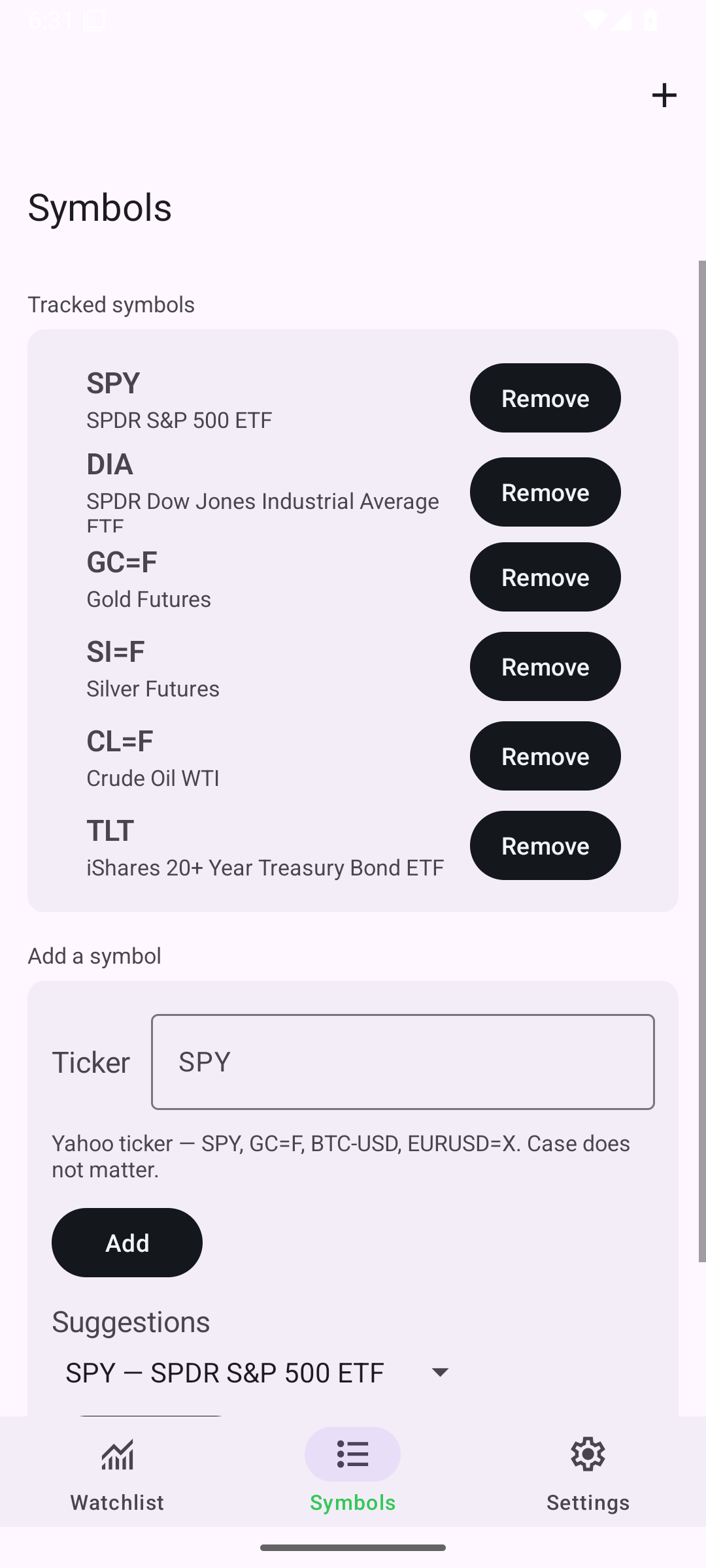 Manage the watchlist, Android Android