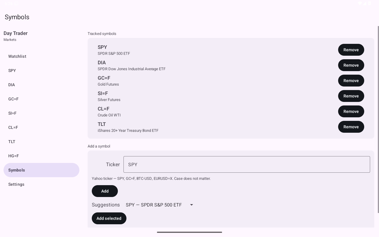 Manage the watchlist, Android Tablet