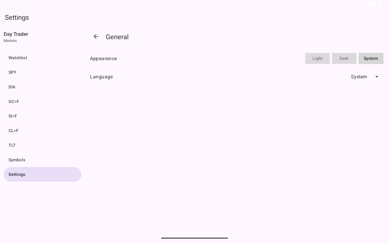 Settings, Android Tablet
