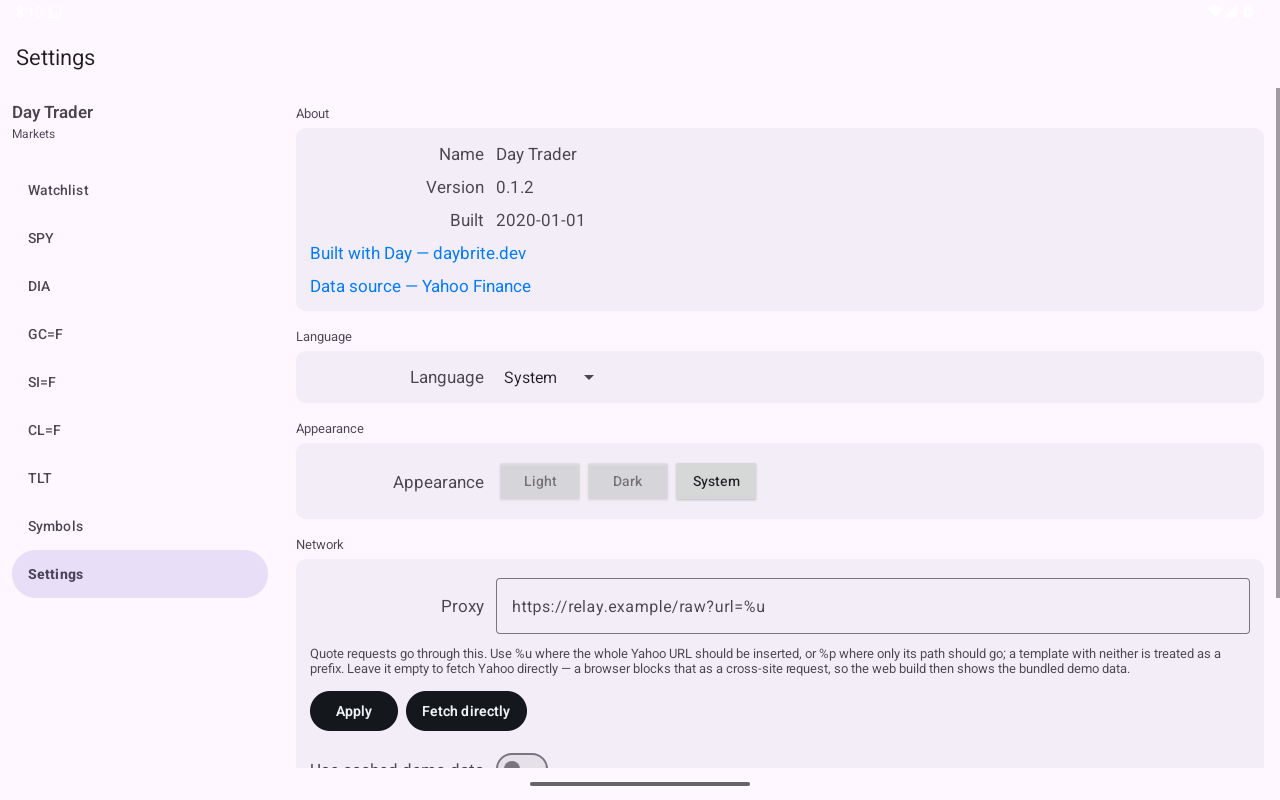 Settings, Android Tablet