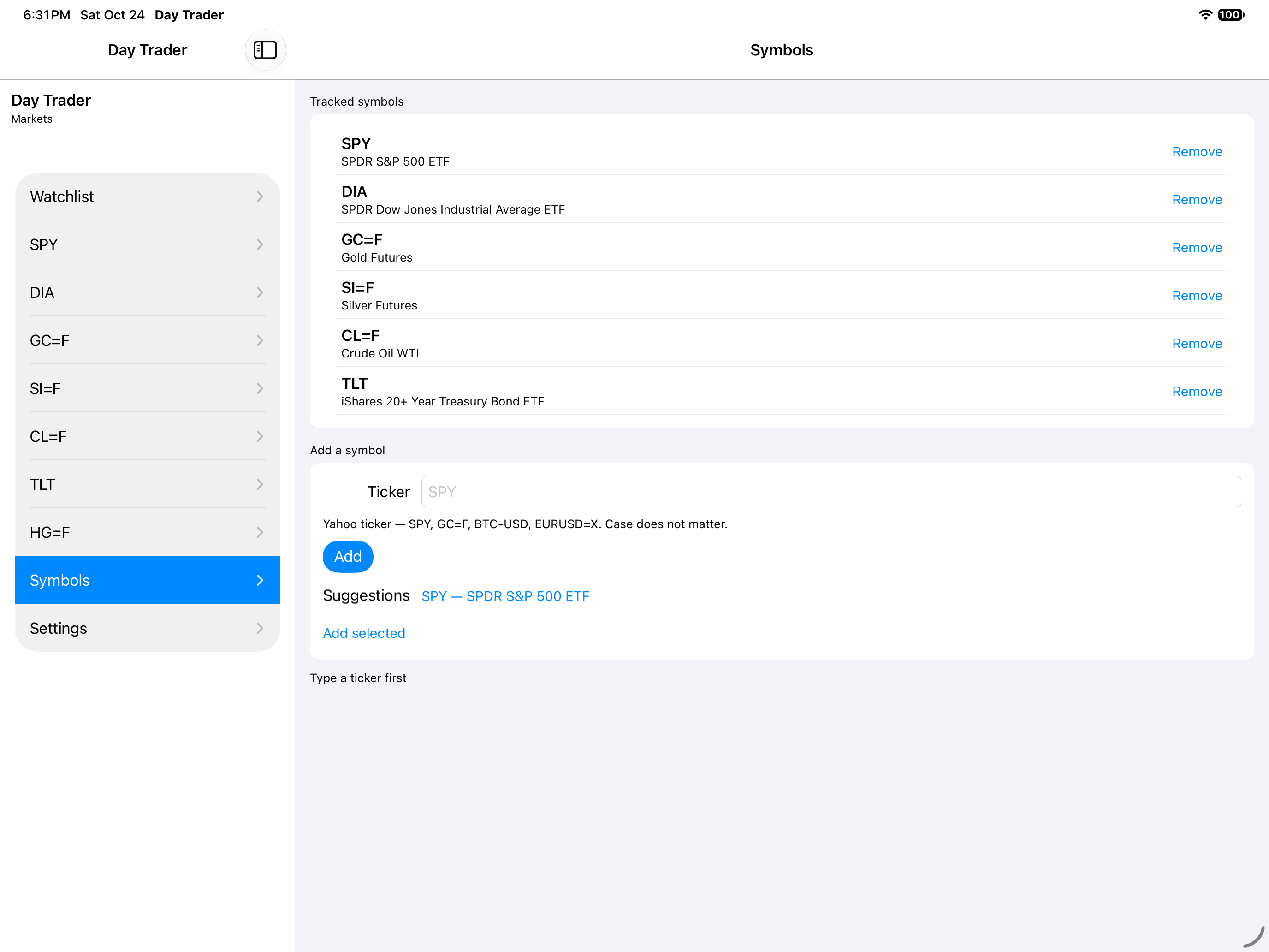 Manage the watchlist, iOS iPad