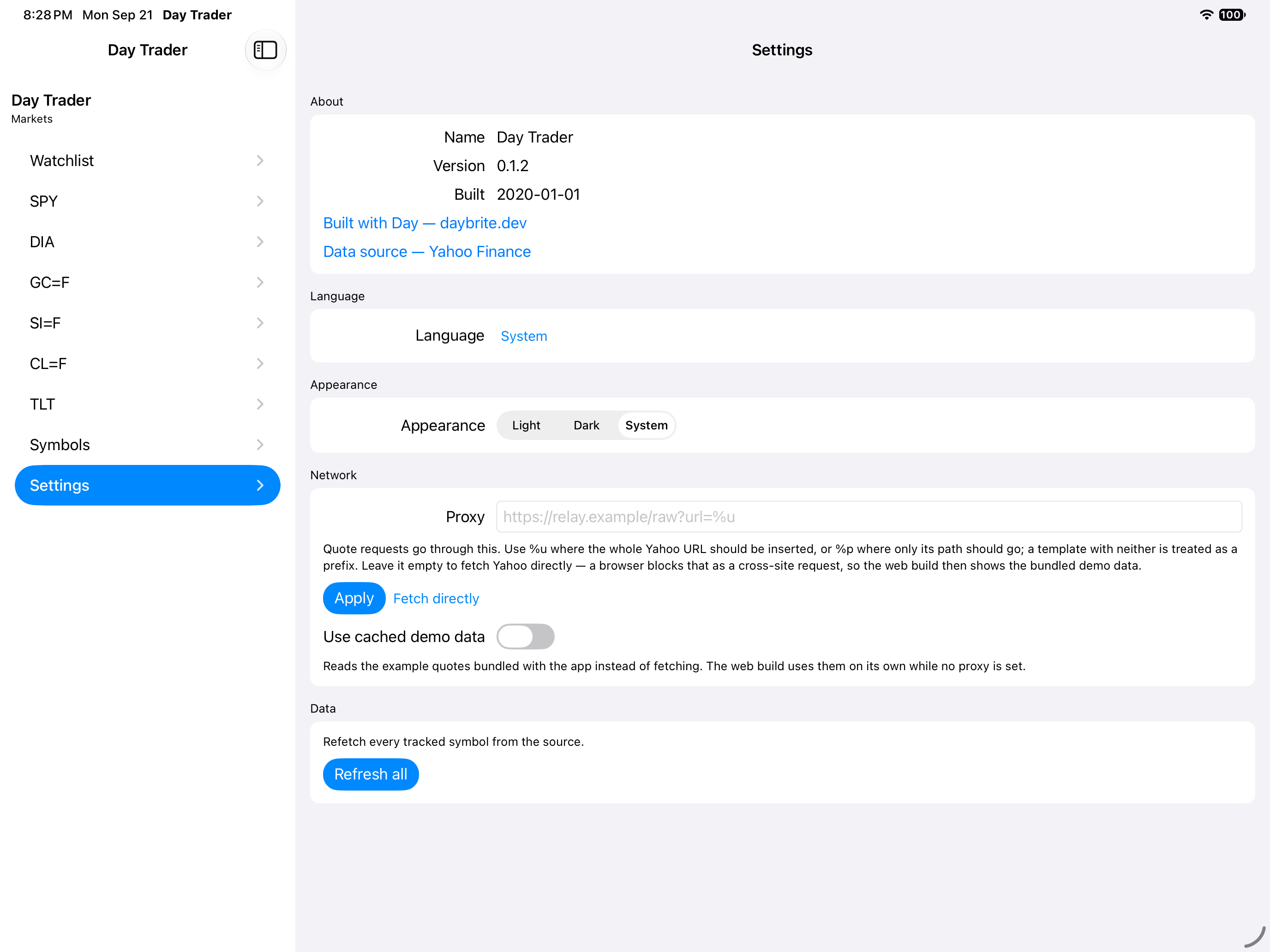 Settings, iOS iPad