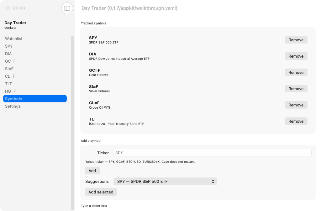 Manage the watchlist, macOS AppKit