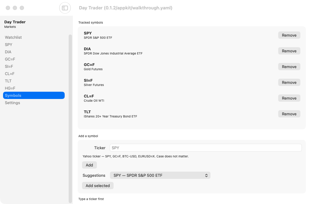 Manage the watchlist, macOS AppKit